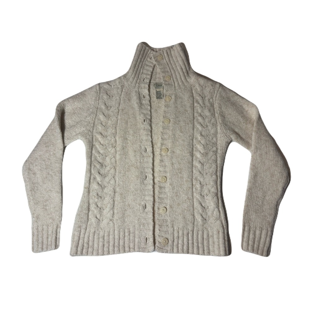 LL Bean Womens Cream Oatmeal Cable Knit Wool Blend Button Cardigan Sweater S